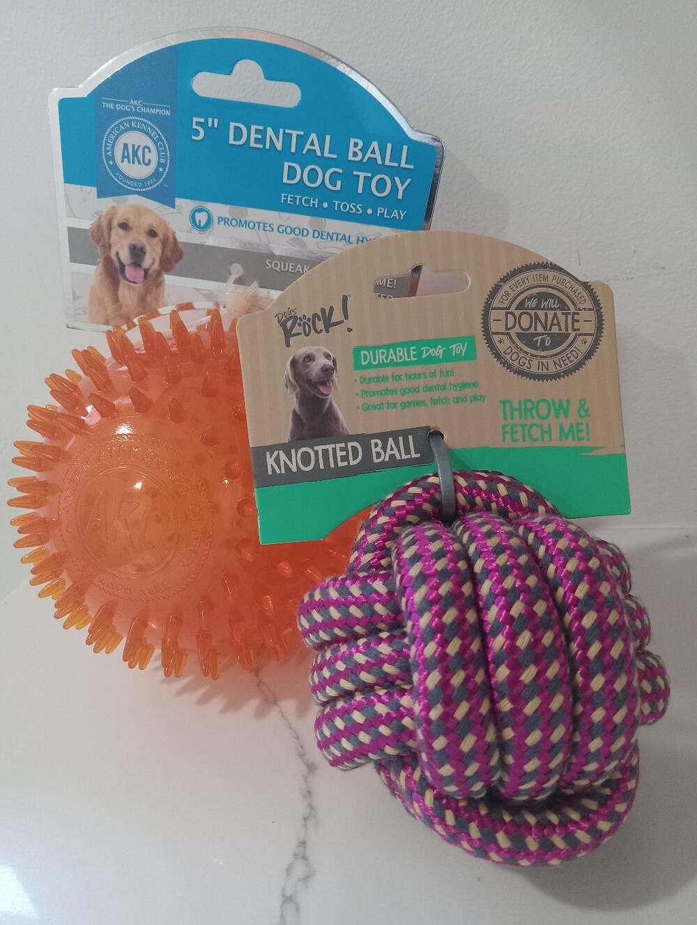 Orange Spiked Dental Ball + Pink/Brown Knotted Rope Ball Dog Toys